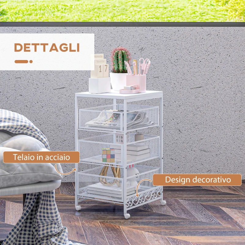 HOMCOM Carrello Portaoggetti a 3 Livelli in Truciolato e Acciaio, 34x29.5x57.5 cm, Bianco