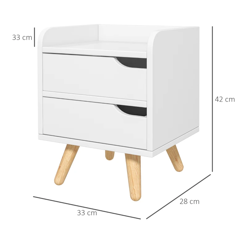 HOMCOM Comodino da Camera da Letto Salvaspazio, Moderno Comodino con 2 Cassetti, Design Semplice, Legno Bianco, Piedini in Legno di Pino, 33 x 28 x 42cm, Bianco