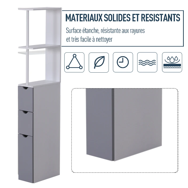 HOMCOM Etagère gain de place WC ou salle de bain 15L x 33l x 136H cm 3 niveaux 2 tiroirs et placard MDF métal blanc gris