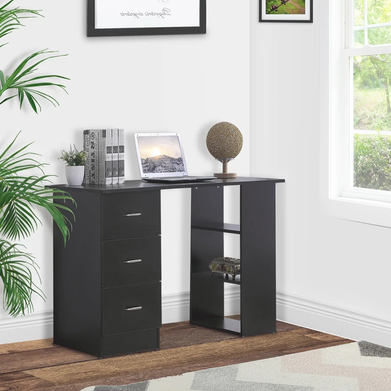 HOMCOM Bureau avec rangement, table informatique 120 x 50 cm, bureau d'ordinateur avec étagères et tiroirs, pour petits espaces, chambre à coucher, noir