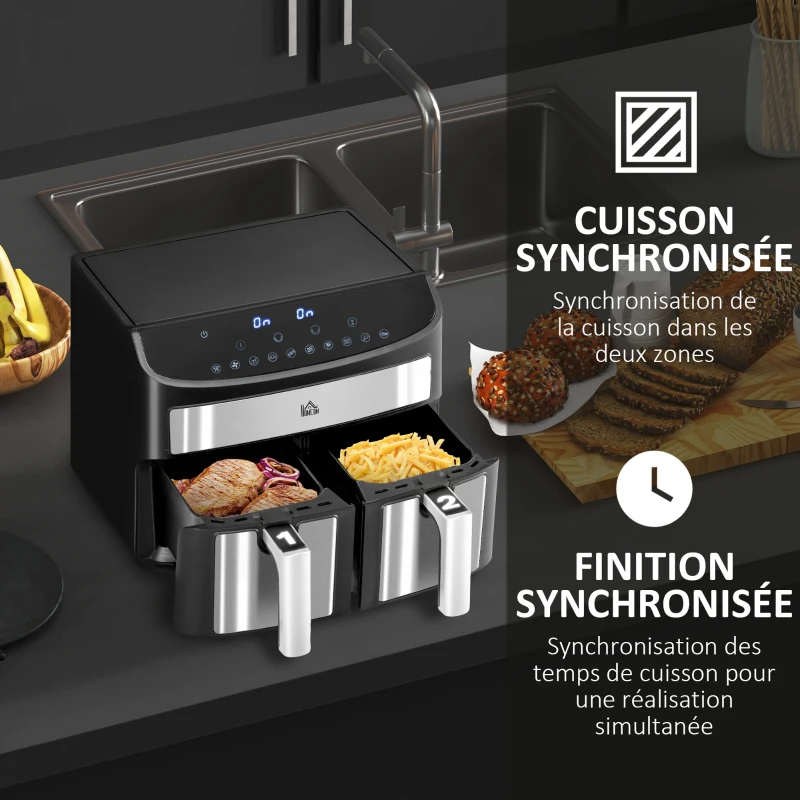 HOMCOM Friteuse à air sans huile, Air Fryer, double compartiment 8 L, 2400 W - 10 programmes, température réglable, minuterie