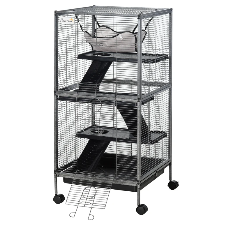 PawHut Cage pour Petits Animaux Portable à 4 Niveaux Cage Chinchilla Cage Furet avec Roulettes, 2 Portes, 3 Rampes, Hamac et Plateau Amovible, 52 x 52 x 113,5 cm Gris