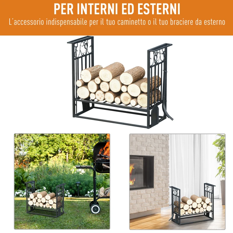 HOMCOM Portalegna Rialzato per Camino in Acciaio Antiruggine, Porta Legna da Interni ed Esterni, 4 Attrezzi Inclusi, 75x30x60cm