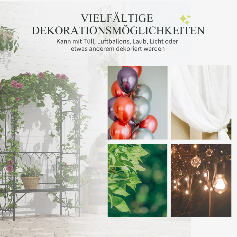 Outsunny Rosenbogen mit Bank Rosenbank Laubenbank Philosophenbank Rankgitter Rankhilfe Gartenbank Metall Schwarz 115 x 50 x 203 cm