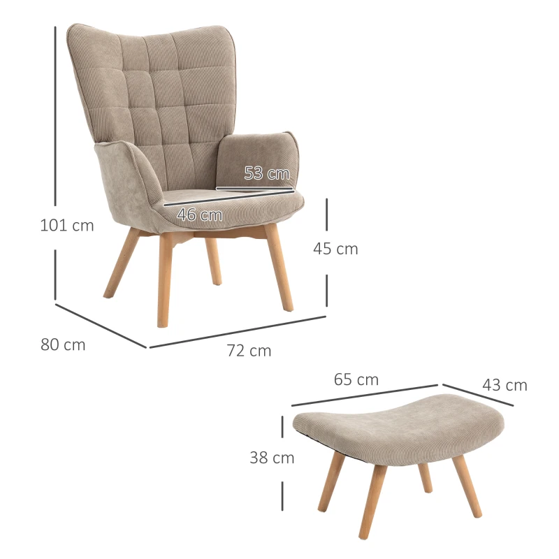 HOMCOM Akzentsessel mit Hocker, Relaxsessel in Cord-Optik, Armlehnstuhl mit Holzbeinen, für Wohnzimmer, Hellbraun(m-3)