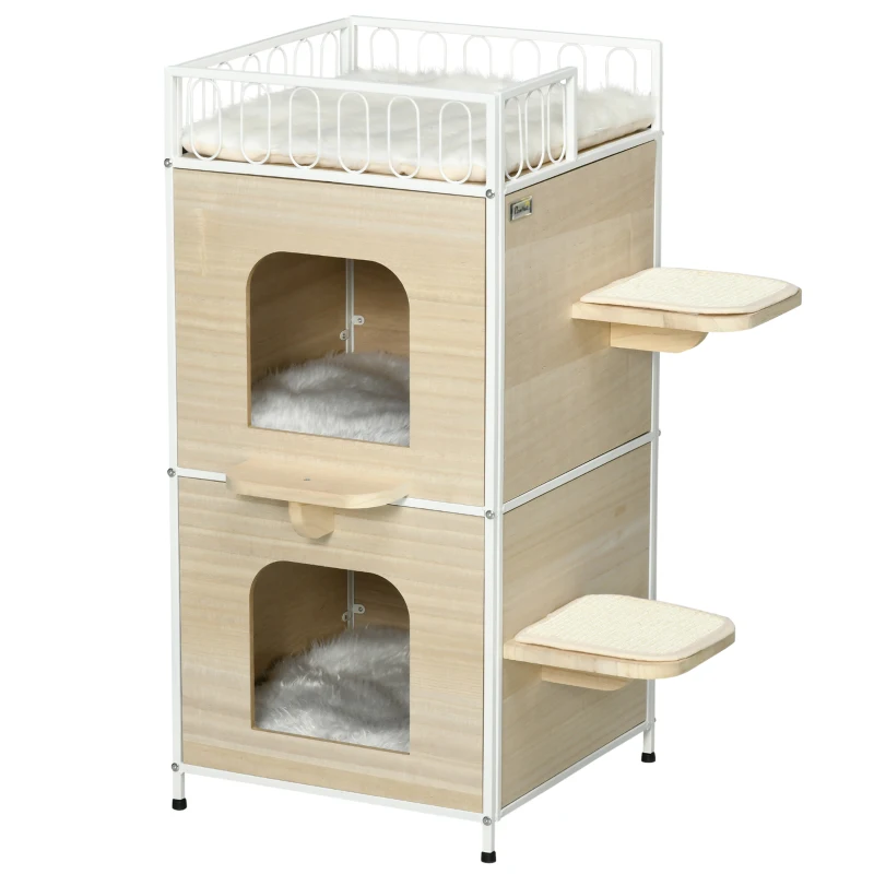 PawHut Casa para Gatos de 2 Niveles Cama Cueva para Gatitos de Madera con 2 Rascadores 3 Cojines Lavables 40x40x84 cm Natural