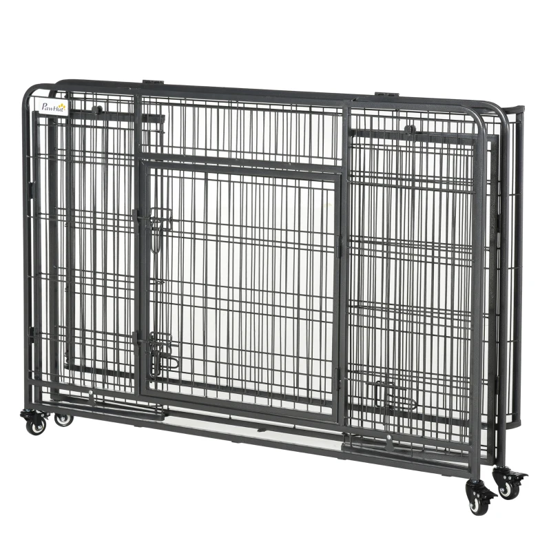 PawHut Jaula para Perros Plegable de Metal Jaula para Perros Grandes 125x76x81 cm con Ruedas y Frenos Bandeja Extraíble y Puerta con Pestillos para Golden Retriver Labrador Gris Oscuro
