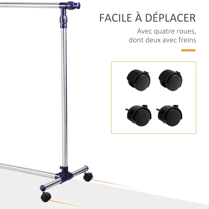 HOMCOM Portant à vêtements tringle réglable à roulettes en acier inox charge max. 25 kg