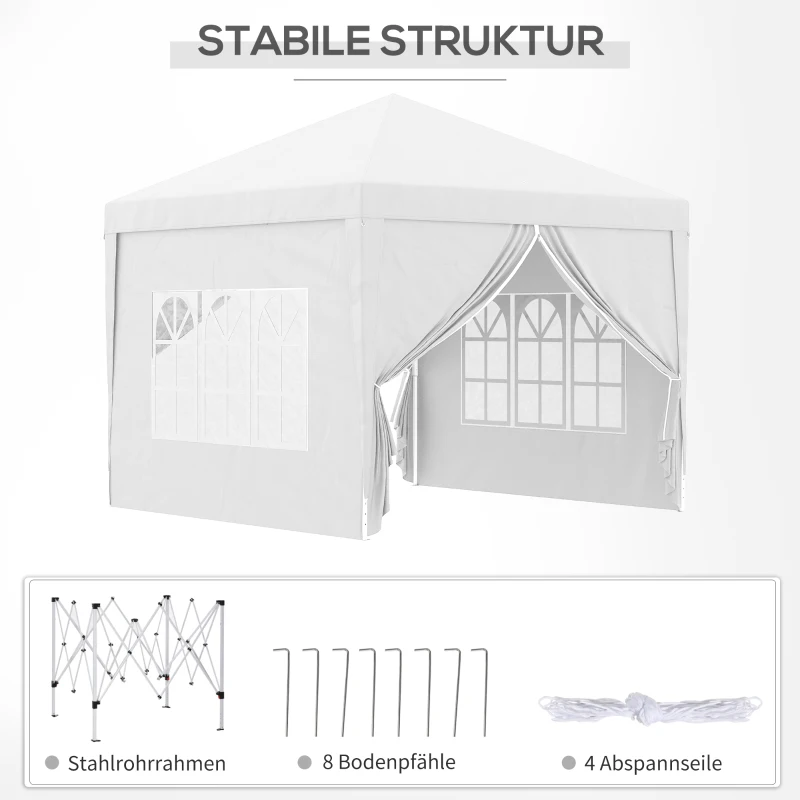 Outsunny 3 x 3 m Pavillon mit 4 Seitenwänden, Fenster, Festzelt mit UV-Schutz, Gartenzelt inkl. Tragetasche, Stahl, Weiß