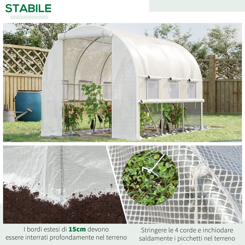 Outsunny Serra per Orto 3x2x2m in Acciaio e Copertura PE, Porte con Zip e Finestre a Rete, Bianca