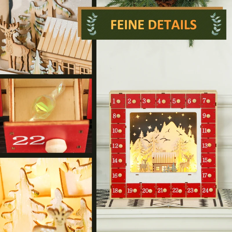 HOMCOM LED Adventskalender mit Dorfszene, 24 große Schubladen, MDF, 34 x 7 x 34 cm, Rot