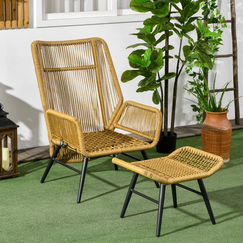Outsunny Polyrattan Gartenstuhl und Hocker, verstellbare Lehne, Hellbraun/Grau/Schwarz(m-7)