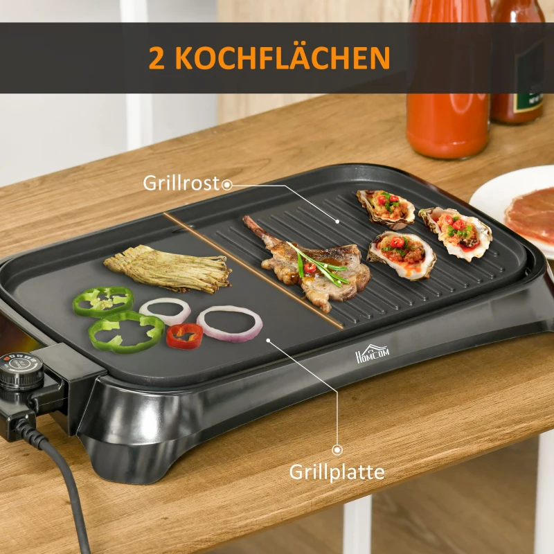 HOMCOM Elektrogrill, Tischgrill, 90-200° C, 2 Grillflächen, Thermostat, Tropfschale, 1600 W, schwarz, 53,5 x 31 x 8 cm