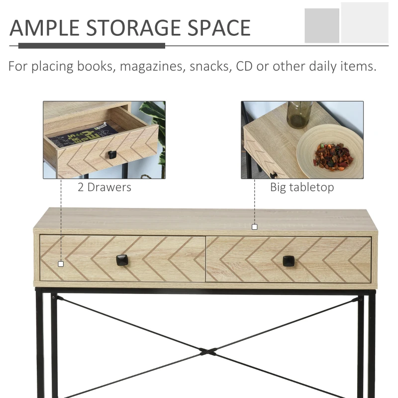 HOMCOM Embossed Arrow Side Table w/ 2 Drawers Metal Frame Handles Back Bar Tabletop Unique Home Style Storage End Console