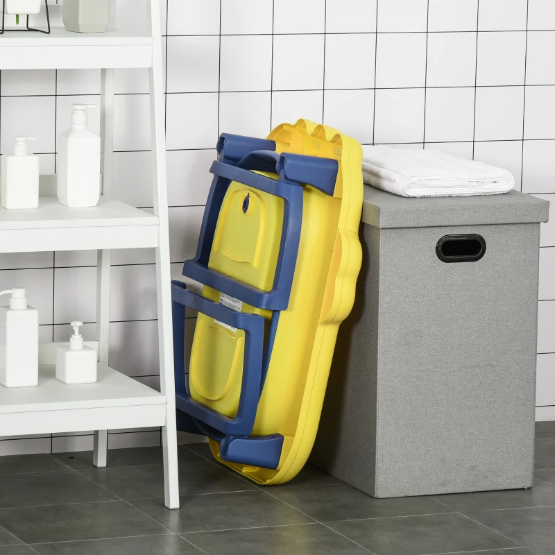 HOMCOM Vaschetta Bagnetto Neonato Pieghevole con Supporto Antiscivolo, Vaschetta da Bagno Portatile per Neonati e Bambini di 0-6 Anni con Foro di Scarico, 75.3x55.4x43cm, Blu e Giallo