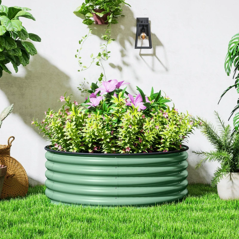 Outsunny Galvanised Raised Garden Bed with Safety Edging, Outdoor Raised Planter Box with Gloves, 120 x 120 x 43cm, Light Green