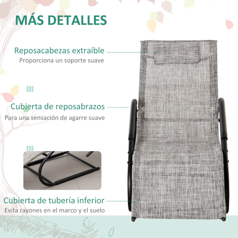 Outsunny Tumbona de Jardín Ergonómica con Reposacabezas Reposapiés y Reposabrazos Mecedora Tapizado en Tela Texteline Transpirable para Exterior Terraza Patio 160x59,5x83 cm Gris