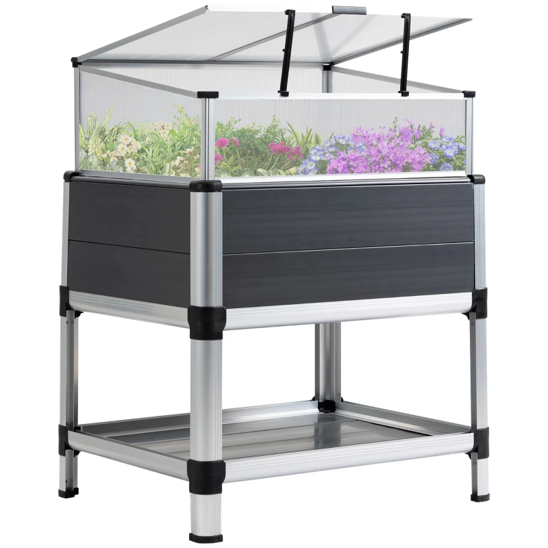Outsunny Fioriera Rialzata con Mini Serra in Policarbonato e Mensola Inferiore in Alluminio e PVC, Grigio