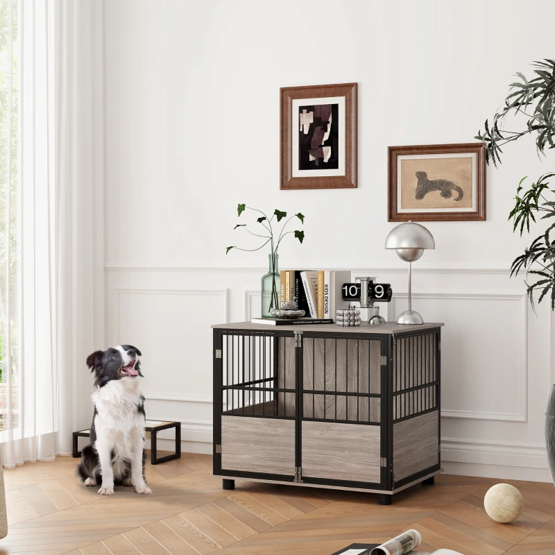 PawHut 80cm Furniture Style Dog Crate Dog Cage End Table Indoor with 3 Doors Soft Washable Cushion, for Medium Sized Dogs