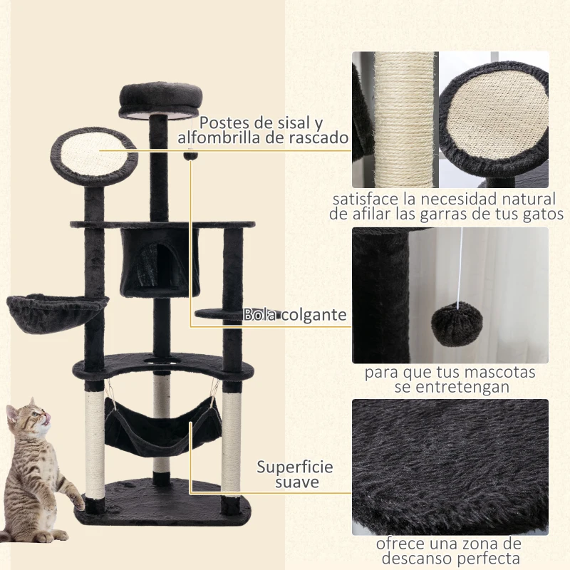 PawHut Árbol Rascador para Gatos Grande 65x50x153 cm Torre para Gatos Centro de Actividades con Múltiples Plataforma Poste Hamaca Bolas de Juguete y Cueva Gris Oscuro