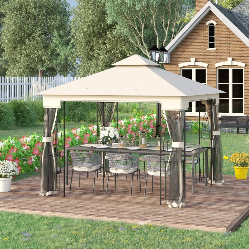 Outsunny Gartenpavillon mit Doppeldach Pavillon Gartenzelt Festzelt Partyzelt mit 4 x Seitenwand Metall+Polyester Cremeweiß 2,99 x 2,99 x 2,74 m