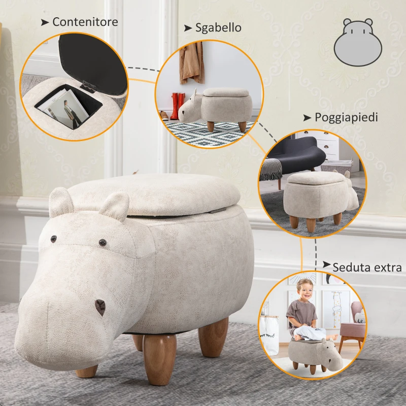 HOMCOM Pouf Contenitore a Forma di Ippopotamo con Gambe in Legno e Rivestimento Bianco Crema, per Cameretta 65x35x36cm