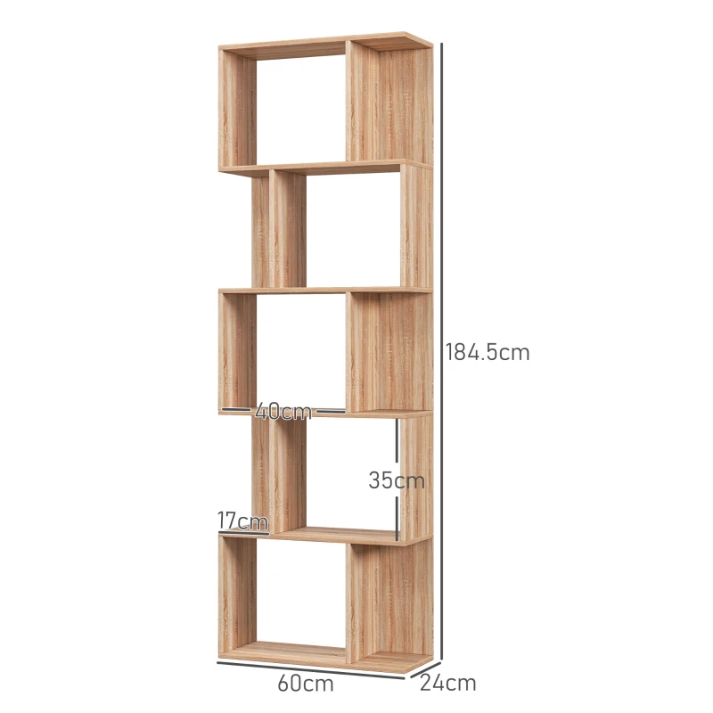HOMCOM Mobile Libreria in Legno a 5 Ripiani con Divisorio, 60x24x184.5 cm, Color Legno