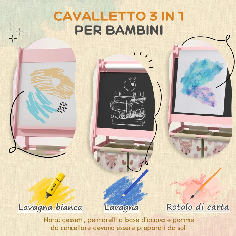 AIYAPLAY Lavagna per Bambini con Cavalletto 3 in 1 e 2 Contenitori, Età 3-8 anni, 54x46.5x93cm, Rosa