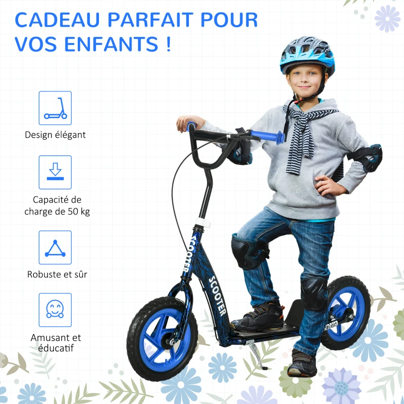 AIYAPLAY Trottinette patinette scooter enfant grandes roues de 6 à 12 ans hauteur réglable frein arrière béquille bleu