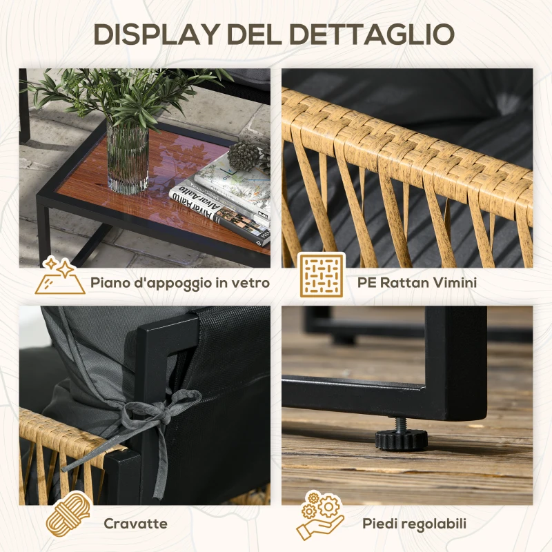 Outsunny Set da Giardino 4 Pezzi in Rattan con Divanetto, 2 Sedie e Tavolino da Caffè, Grigio e Marrone