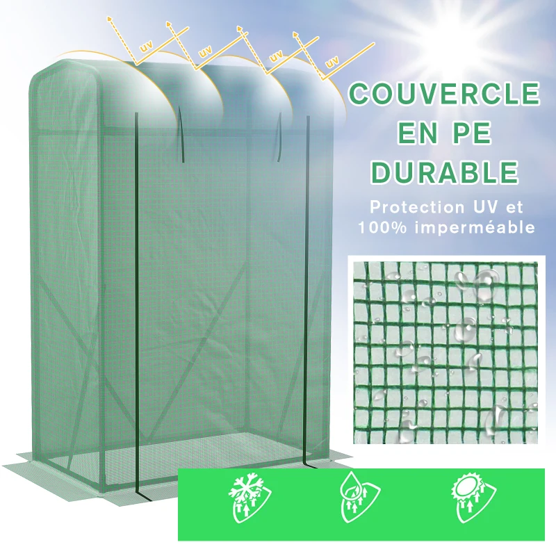 Outsunny Serre de jardin PE, serre de balcon, bâche renforcée 140 g/m², châssis en acier, porte zippée enroulable, pour légumes plantes fleurs, intérieur et extérieur, 100 x 50 x 150 cm, vert