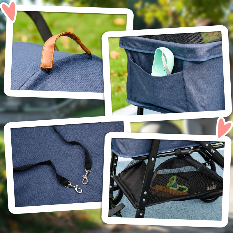 PawHut 2-in-1 Hundebuggy, abnehmbare Transporttasche, klappbarer Metallrahmen, 77,5 x 51 x 99,5 cm, Dunkelblau+Schwarz