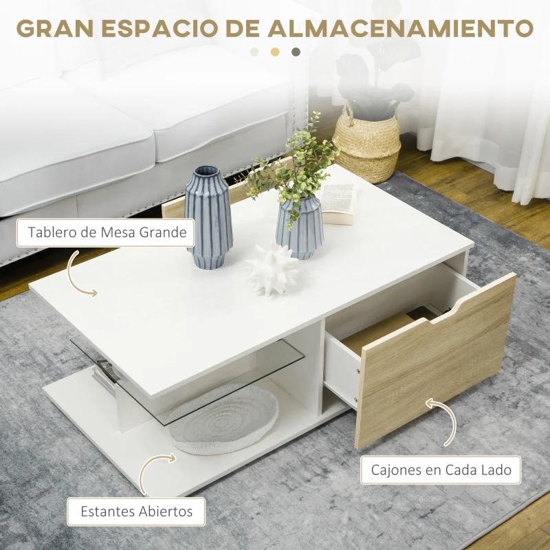 HOMCOM Mesa de Centro Moderna con Estante de Cristal y 2 Cajones Mesa Auxiliar Multifuncional 106x58x39 cm Blanco