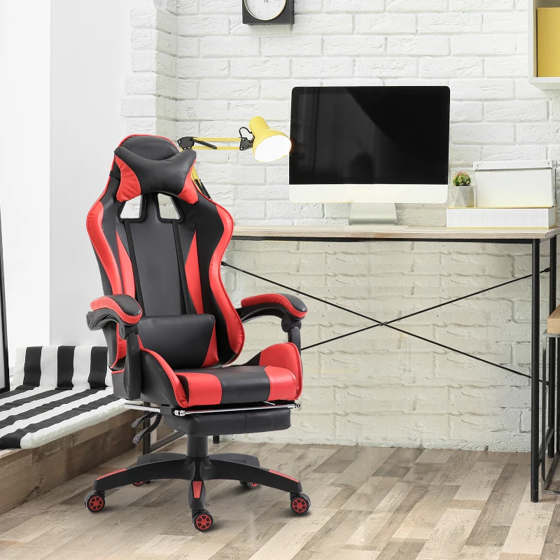 Vinsetto Racing Silla de Escritorio Sillón Gamer Juvenil Giratorio Reclinable Altura Ajustable Reposapiés Plegable de Cuero Sintético PU