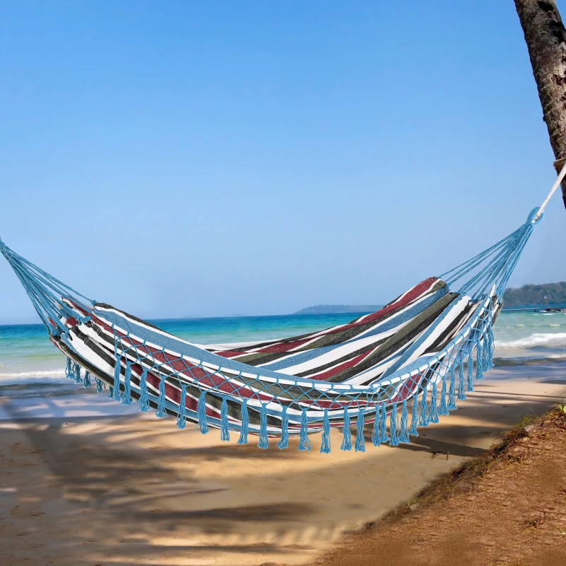 Outsunny Hamaca Doble Portátil de Algodón 285x150 cm con Bolsa de Transporte para Exteriores Patio Jardín Playa Camping Carga 120 kg Multicolor
