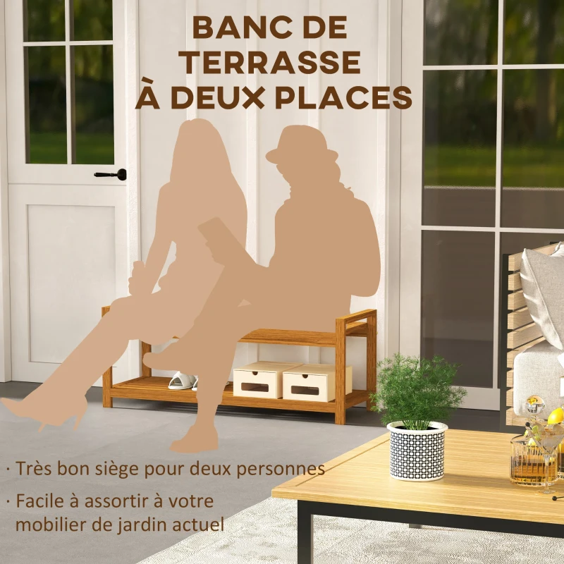 Outsunny Banc de jardin banc de terrasse sans dossier avec étagère et assise à lattes en bois d'acacia - intérieur, extérieur