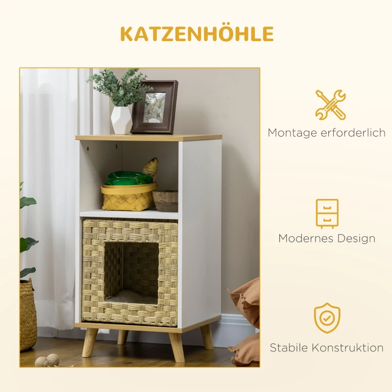 PawHut Katzenhöhle aus Rattan mit Stauraum, inkl. waschbaren Kissen, 40 cm x 40 cm x 77 cm, Eiche + Weiß + Beige