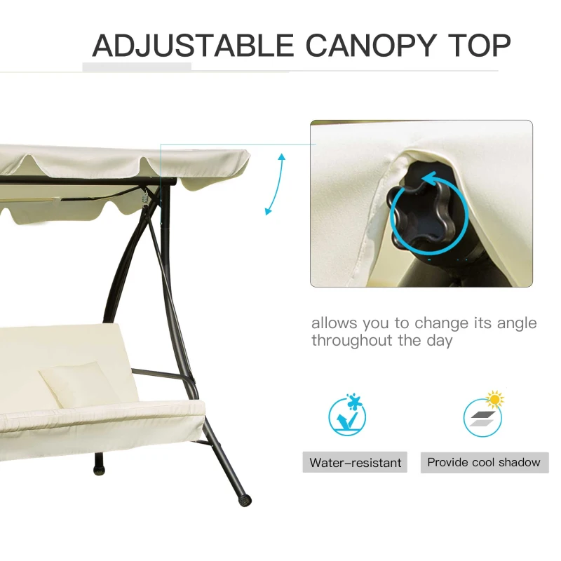 Outsunny 3 Seater Swing Chair 2-in-1 Hammock Bed Patio Garden Swing Seat Bed with Adjustable Canopy and Cushions, Cream
