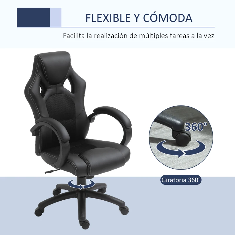 HOMCOM Silla de Oficina Silla Estudio con Función Basculante Altura Ajustable y Respaldo Alto Tapizado en Cuero PU y Malla Transpirable 71x61x108-118 cm Negro