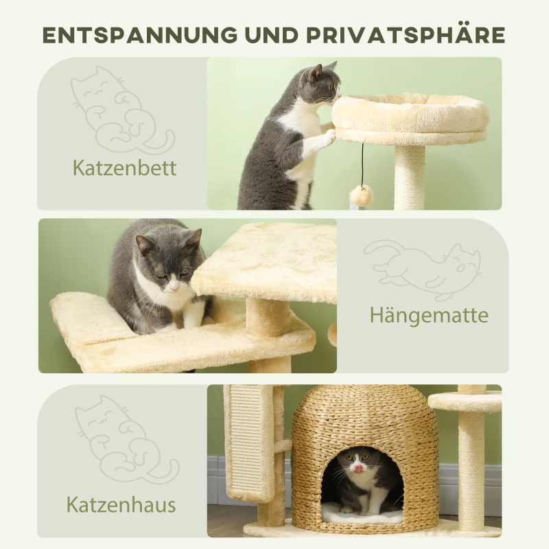 PawHut Kratzbaum mit Hängematte, Spielbällen, Plüsch, 56 x 48 x 112 cm, Beige/Cremeweiß