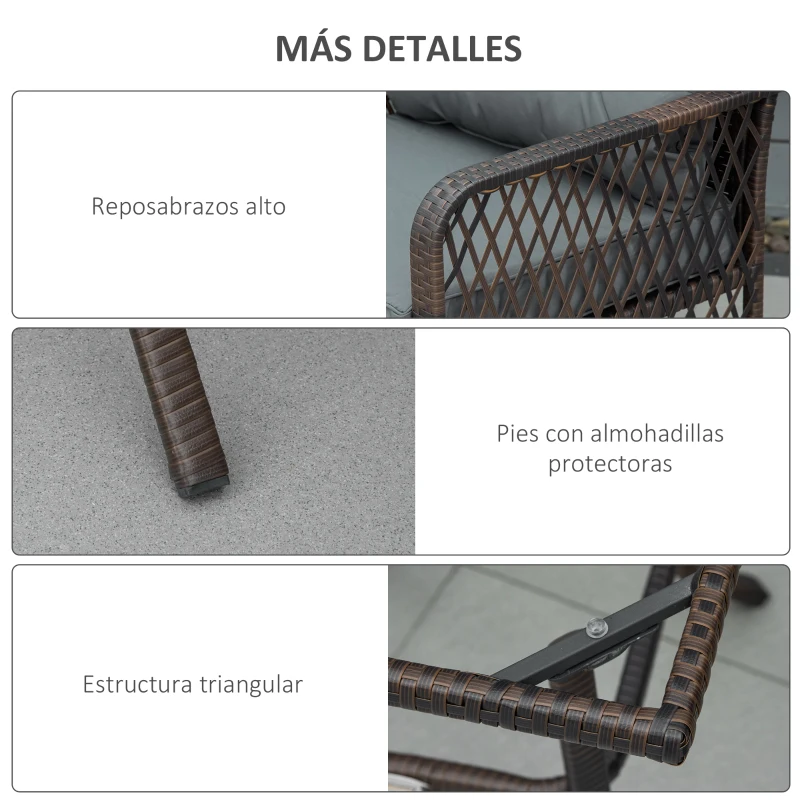 Outsunny Conjunto de Muebles de Ratán Juego de 3 Piezas de Jardín 2 Sillones 65x66x75 cm y Mesa de Vidrio Templado 50x50x50 cm con Cojines Acolchados para Terraza Patio Marrón y Gris