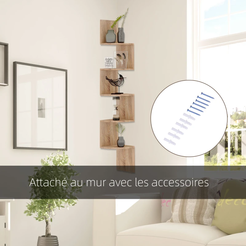 HOMCOM Étagère d'angle Murale de Rangement Forme Zigzag 20L x 20l x 126H cm 5 Niveaux Bois chêne Clair