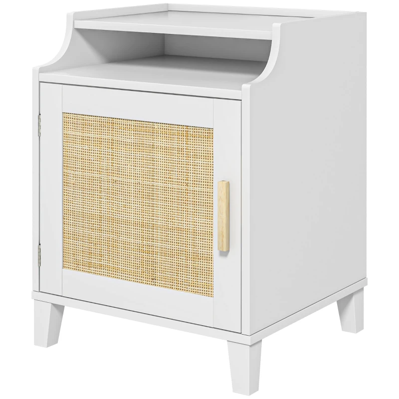 HOMCOM Table de chevet table de nuit avec placard porte rotin tissé + niche design bohème 45 x 40 x 61 cm naturel blanc