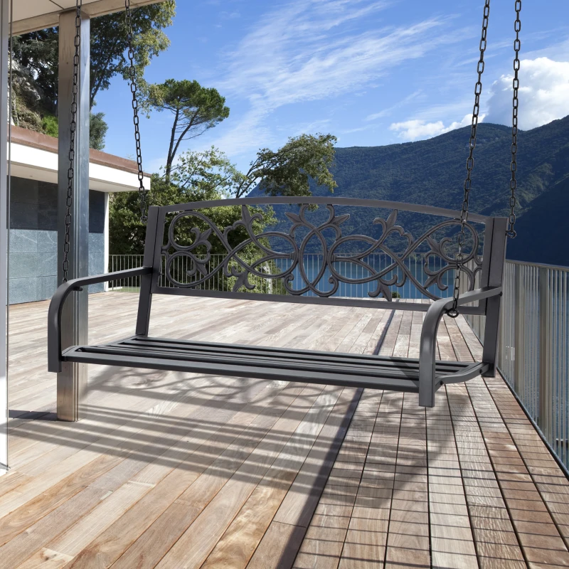 Outsunny Banco Columpio de 2 Plazas Banco Colgante con Reposabrazos para Jardín Terraza Exterior 127x59,5x52 cm Negro