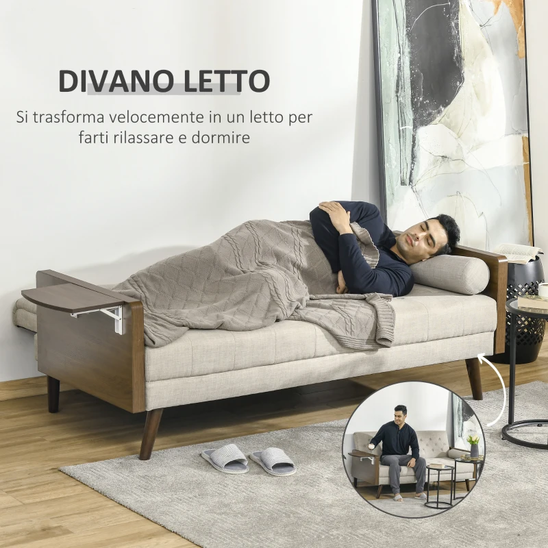 HOMCOM Divano Letto Singolo con Mensole Laterali, Seduta 3 Posti e Schienale 3 Reclinazioni, 200x88x89cm