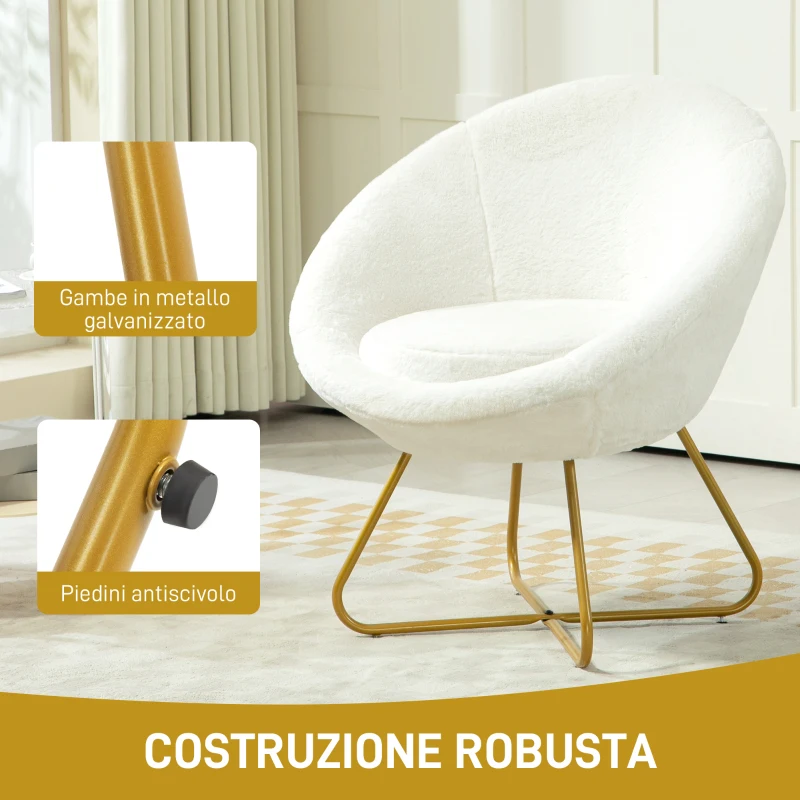 HOMCOM Poltroncina da Camera in Finta Pelliccia con Gambe in Metallo, 75x66x79 cm, Bianco