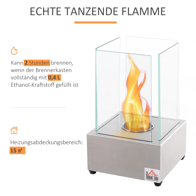 HOMCOM Ethanol-Kamin Bio-Ethanol-Brenner 0,4L 2 Stdn. Brenndauer kein Rauch Edelstahl 20 x 20 x 33 cm