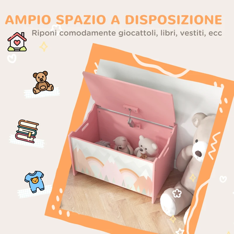 ZONEKIZ Baule Portagiochi per Bambini con Coperchio e Cerniera di Sicurezza in MDF, 60x37x39cm, Rosa