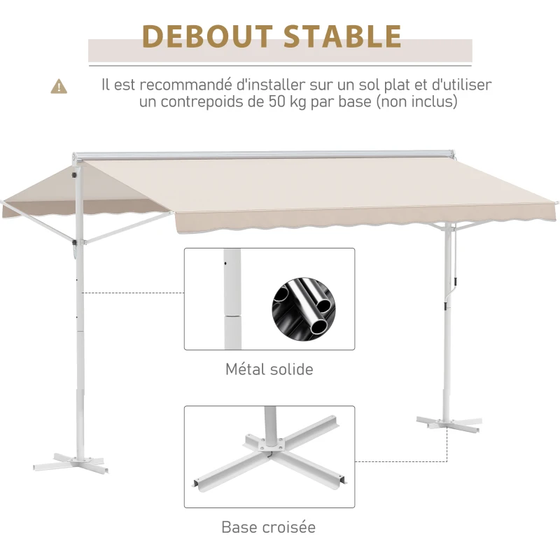Outsunny Store Double Pente 4 x 3 m Manuel rétractable Inclinaison réglable métal époxy Blanc Polyester imperméabilisé Anti-UV Beige