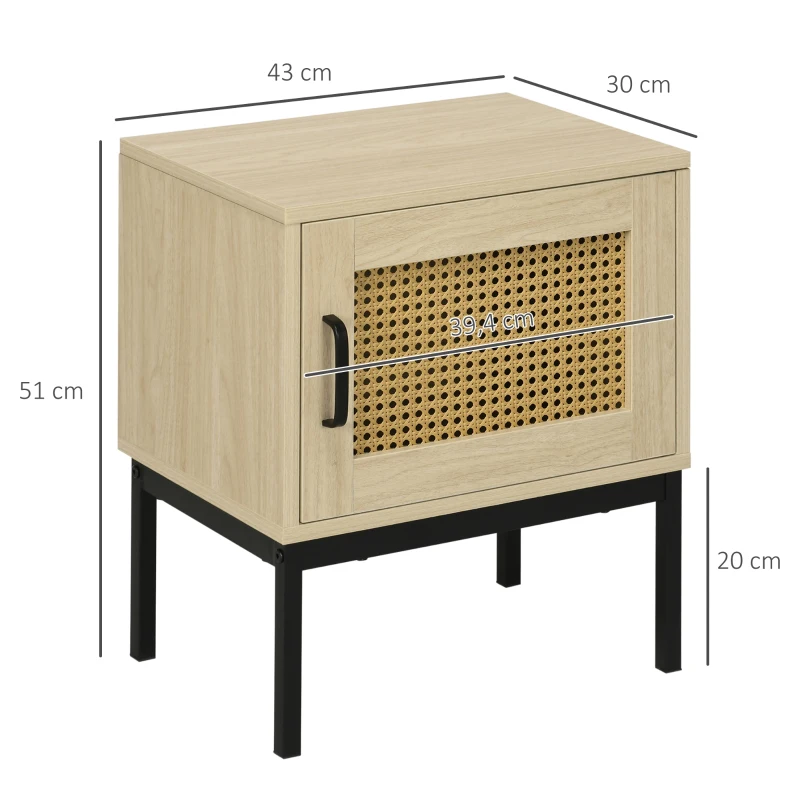 HOMCOM Mesita de Noche con Puerta de Ratán Mesilla de Noche Estilo Boho con Patas de Metal para Dormitorio 43x30x51 cm Roble